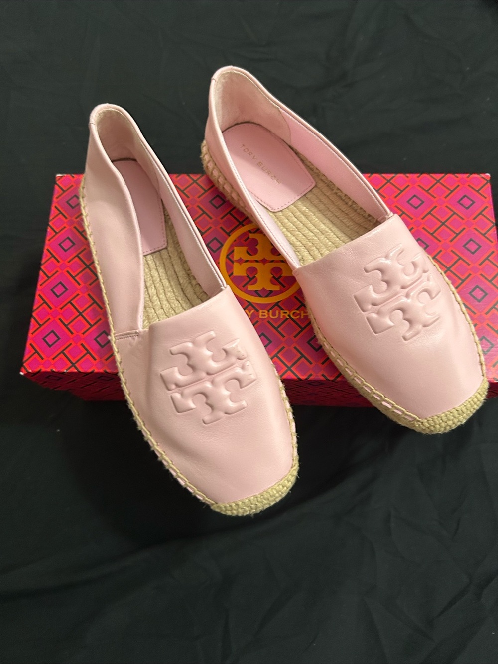 Tory Burch Pale Pink Leather Espadrille Flats with Jute Trim